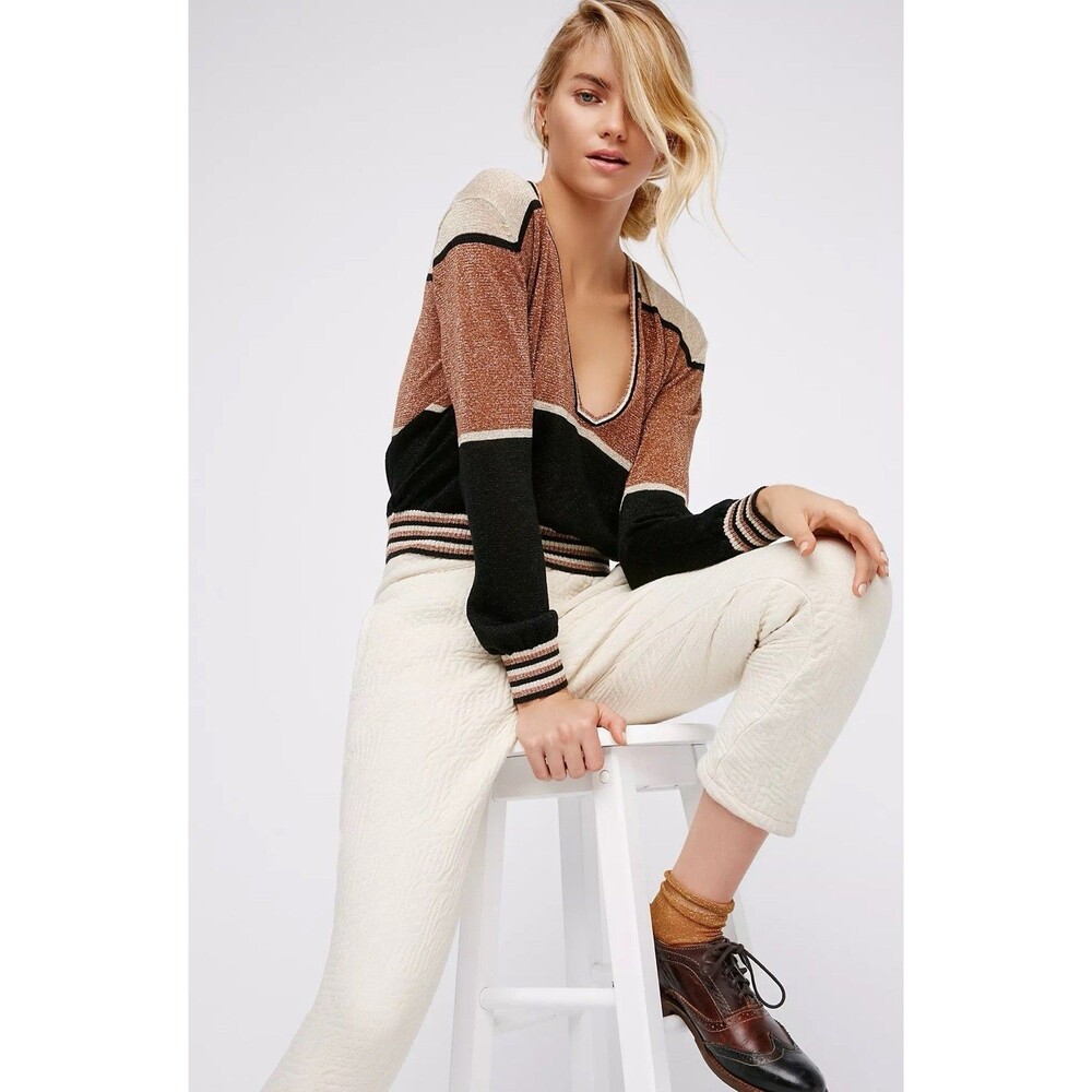 Free People Gold Dust Pullover Sweater Color Block Shimmer Deep V-Neck Women L